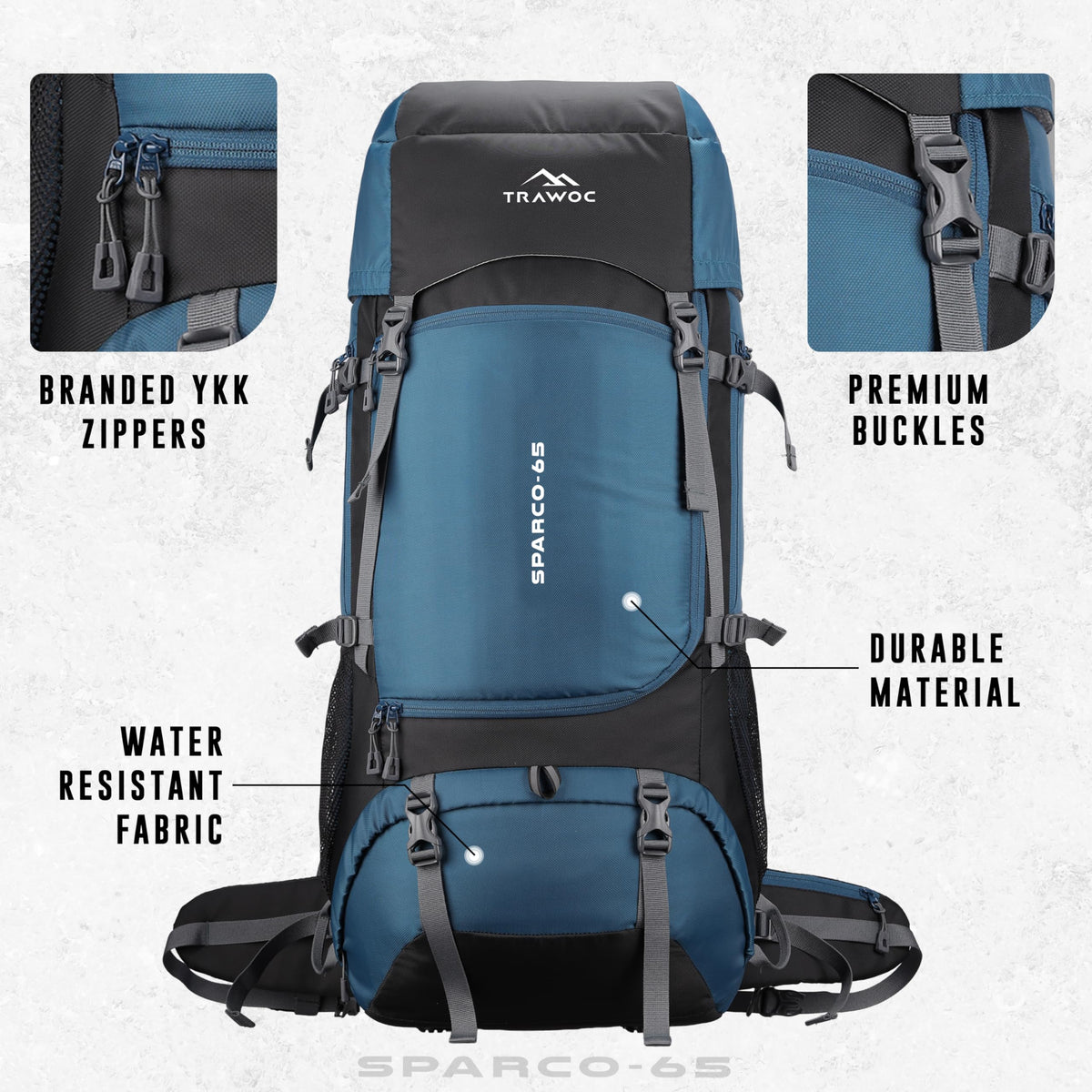TRAWOC SPARCO 65L Travel Backpack Hiking Trekking Bag Camping Rucksack for Men & Women, Rain Cover/Shoe Compartment HK009 English Blue, 3 Year Warranty