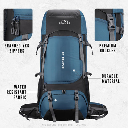 TRAWOC SPARCO 65L Travel Backpack Hiking Trekking Bag Camping Rucksack for Men & Women, Rain Cover/Shoe Compartment HK009 English Blue, 3 Year Warranty
