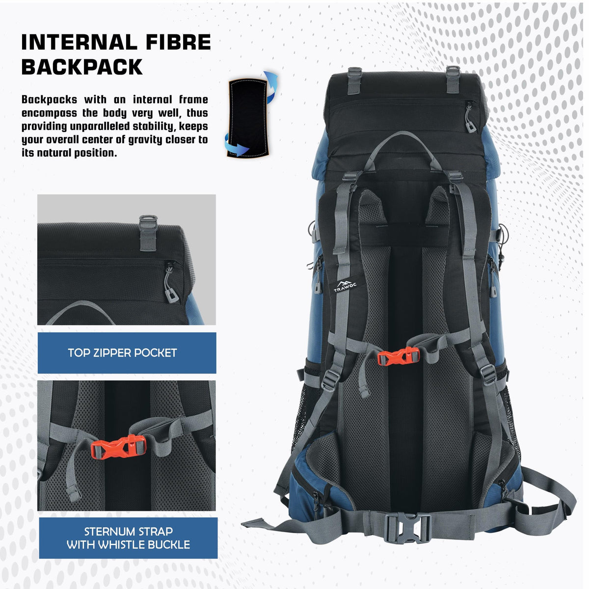 TRAWOC VENTURE PRO 65 Liter Internal Frame Camping Trekking Hiking Backpack Travel Bag for Men & Women Front & Top Loading Rucksack/Water Proof Rain Cover/Shoe Compartment, HK011 English Blue
