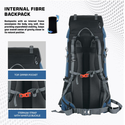 TRAWOC VENTURE PRO 65 Liter Internal Frame Camping Trekking Hiking Backpack Travel Bag for Men & Women Front & Top Loading Rucksack/Water Proof Rain Cover/Shoe Compartment, HK011 English Blue