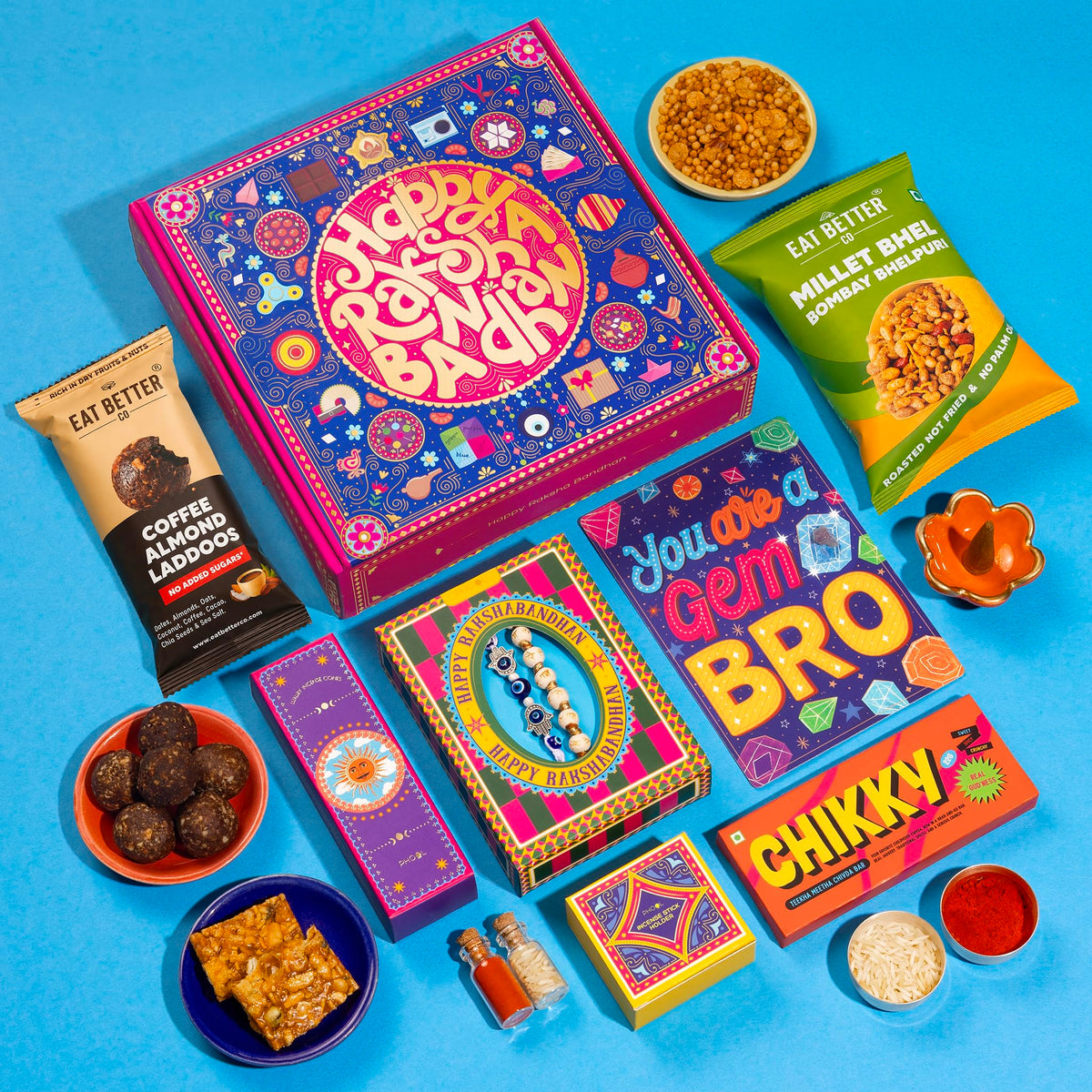 Phool Bandhan Rakhi Gift Hamper for Brother | 10-Item Rakhi Gift Set with 2 Rakhis, Incense, Laddoo & Chikki | Rakhi Gift Box for Brother | Rakshabandhan Gift Hamper with Sweets