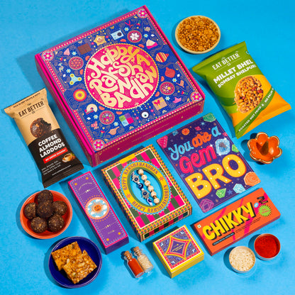 Phool Bandhan Rakhi Gift Hamper for Brother | 10-Item Rakhi Gift Set with 2 Rakhis, Incense, Laddoo & Chikki | Rakhi Gift Box for Brother | Rakshabandhan Gift Hamper with Sweets