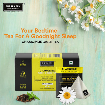 The Tea Ark Chamomile Tea Bags (25 Count) | Herbal Green Tea | Natural Whole Flower Buds of Chamomile | Individually Wrapped Pyramid Tea Bags (25 Tea Bags)