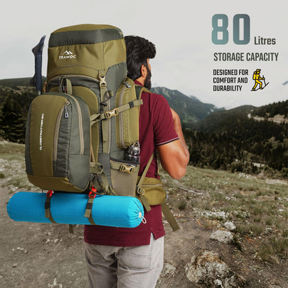 TRAWOC GLOBETROTTER 80 Liter (70+10) Internal Metal & Fiber Frame Rucksack Bag for Men & Women Trekking, Hiking Travel Backpack with Detachable Daypack, Rain Cover and Shoe Compartment, Olive Green