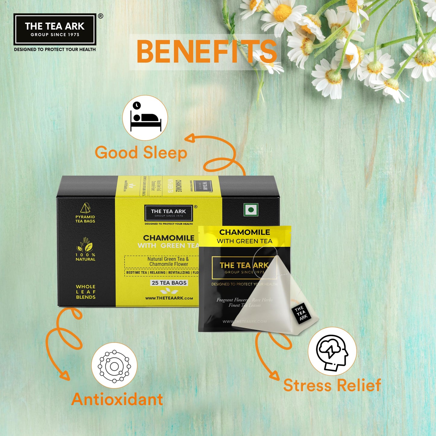 The Tea Ark Chamomile Tea Bags (25 Count) | Herbal Green Tea | Natural Whole Flower Buds of Chamomile | Individually Wrapped Pyramid Tea Bags (25 Tea Bags)