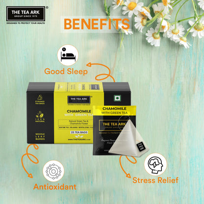 The Tea Ark Chamomile Tea Bags (25 Count) | Herbal Green Tea | Natural Whole Flower Buds of Chamomile | Individually Wrapped Pyramid Tea Bags (25 Tea Bags)