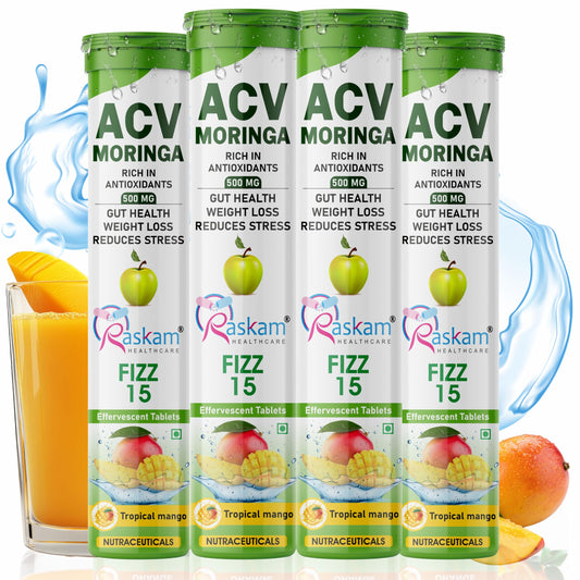 Raskam ACV with Moringa Effervescent Drink Tablets 500mg – Tropical Mango, Antioxidant & Appetite Support, Sugar Free – 15 Fizz Tabs (Pack of 4)