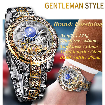 FORSINING Stainless Steel Retro Analog Watch For Men Carved Self-Wind Mechanical Tattoo Tourbillon Moon Phase Independent Seconds Skeleton Automatic Big Dial Wrist Watches, Gold, Mechanical