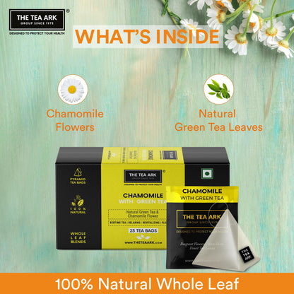 The Tea Ark Chamomile Tea Bags (25 Count) | Herbal Green Tea | Natural Whole Flower Buds of Chamomile | Individually Wrapped Pyramid Tea Bags (25 Tea Bags)