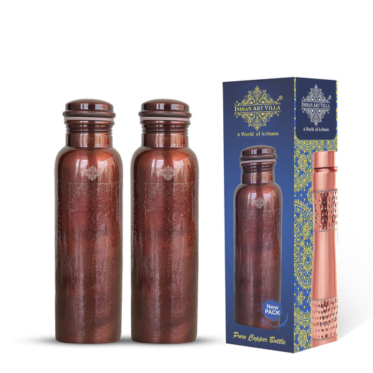 INDIAN ART VILLA Pure Copper Water Bottle with Antique Design, 1 litre Capacity, Drinkware & Storage (Pack of 2)