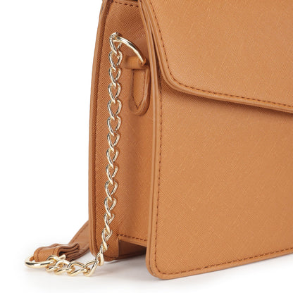 Fastrack Sling | Faux-Leather Women’s Handbag | Structured Tan Sling with Gold Accent Strap & Dual Closure