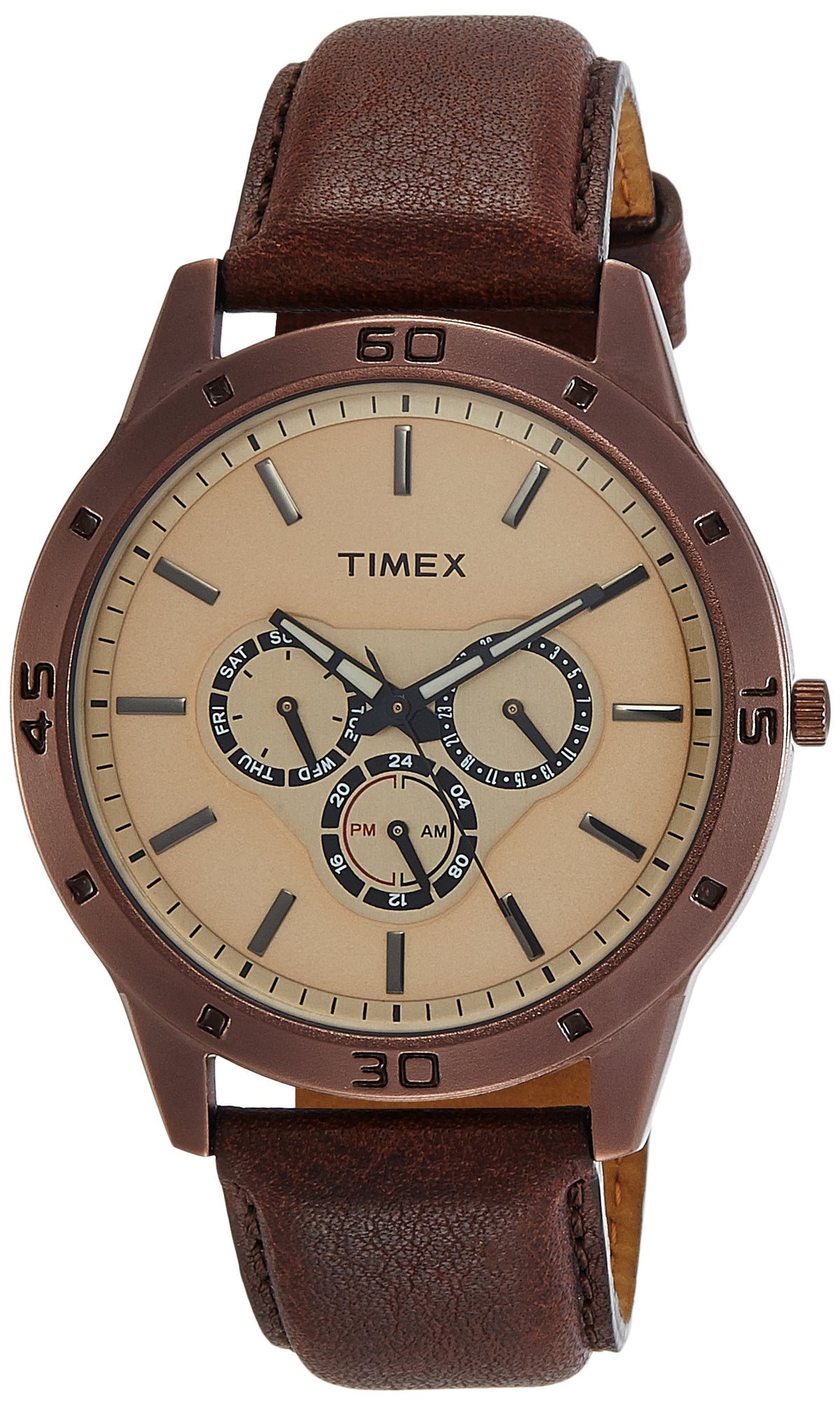 TIMEX Analog Watch for man with Brown Round Dial & Brown Leather Strap Band Water Resistant Men's Wrist Watches - TW000U915