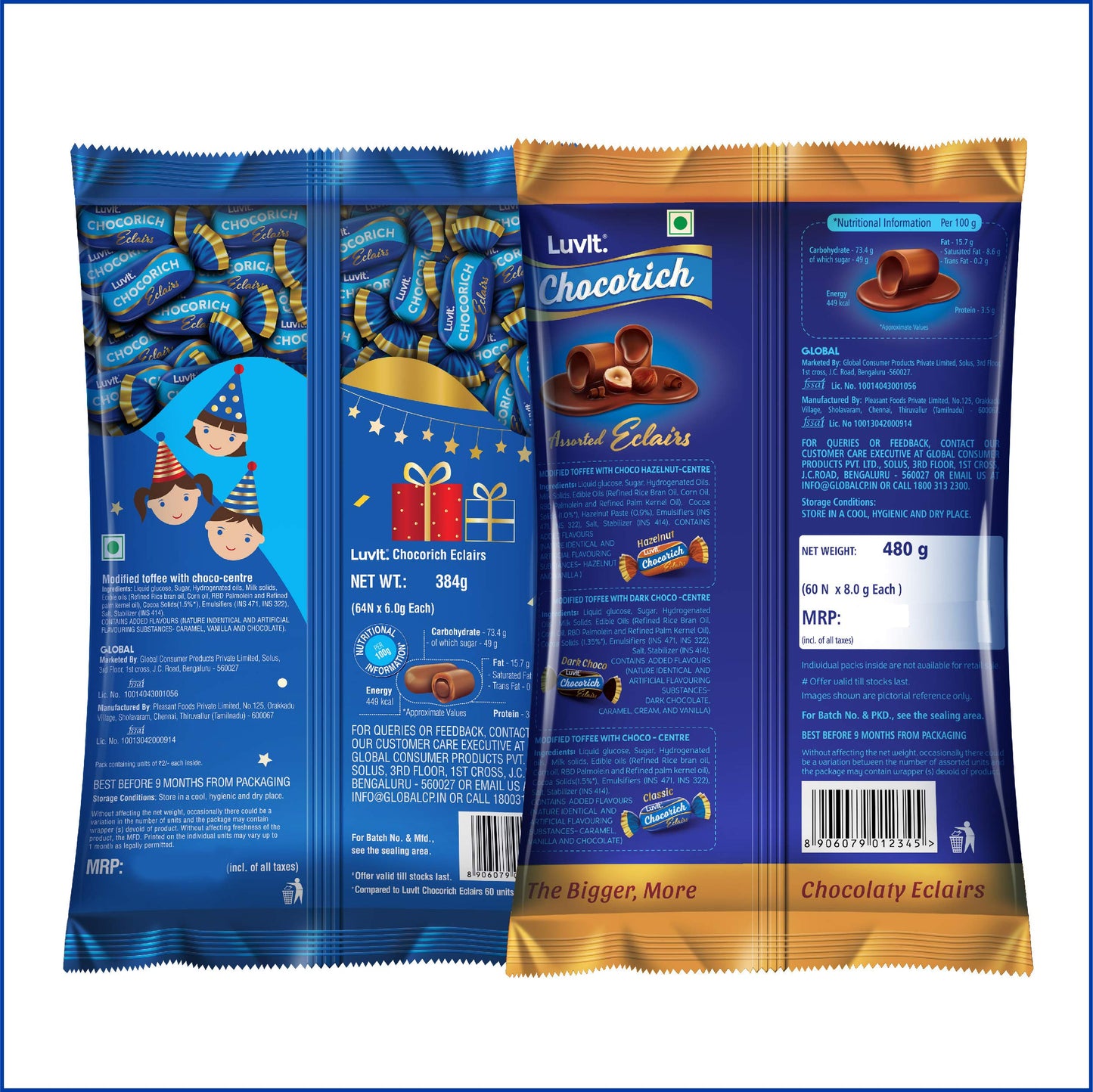 LuvIt Chocorich Assorted Eclairs Birthday Party Gift Chocolate Combo - Hazelnut, Dark Choco, Classic & Chocorich Chocolate Eclairs 1807gm - Pack of 4