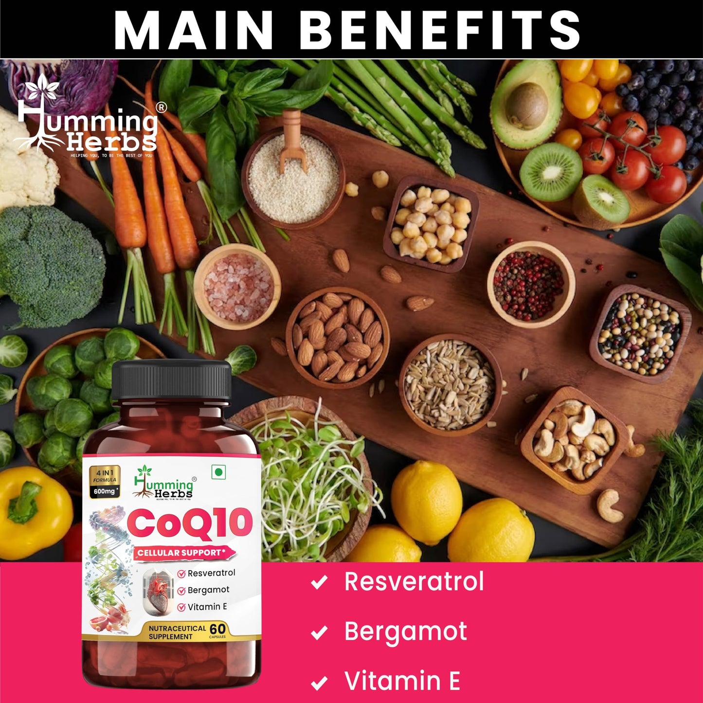 Humming Herbs CoQ10 600mg Cellular Support Supplement with Resveratrol, Bergamot & Vitamin E - Heart Health & Energy Booster - Antioxidan 60 Caps