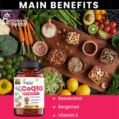 Humming Herbs CoQ10 600mg Cellular Support Supplement with Resveratrol, Bergamot & Vitamin E - Heart Health & Energy Booster - Antioxidan 60 Caps