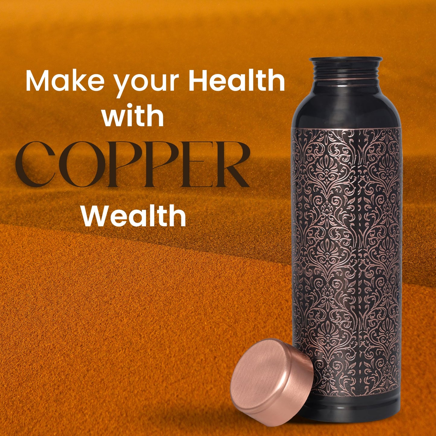 Di: Decorative India Premium Copper Carving Water Bottle With Black Antique Design Glossy Finish 1000Ml Joint Free And Leak Proof Bottle For Ayurvedic Health Benefits Yoga (Copper)