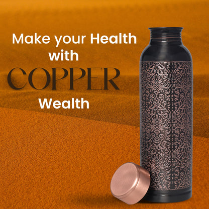 Di: Decorative India Premium Copper Carving Water Bottle With Black Antique Design Glossy Finish 1000Ml Joint Free And Leak Proof Bottle For Ayurvedic Health Benefits Yoga (Copper)