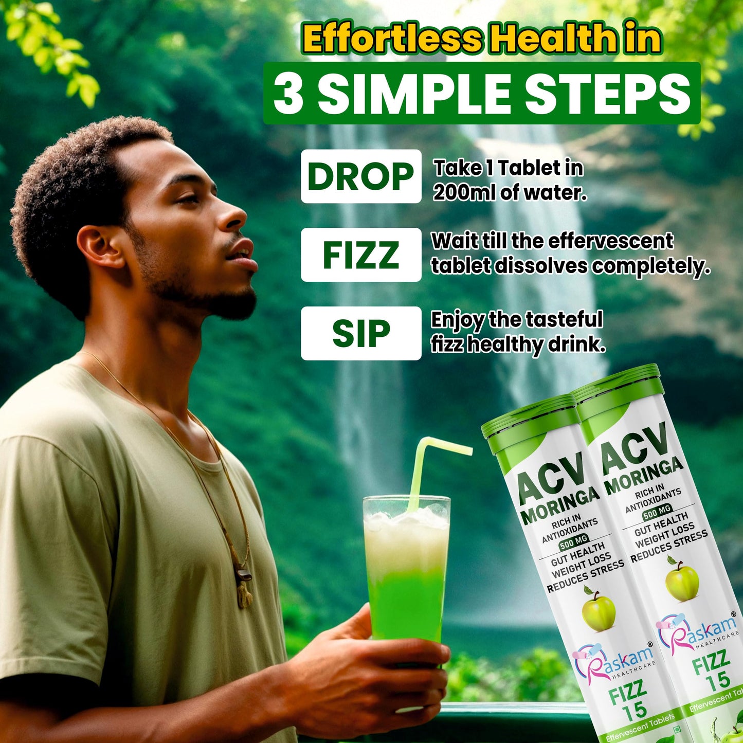 ACV Moringa Effervescent Tablets 500mg Apple Cider Vinegar with Moringa No Added Sugar for Gut Health Weight Loss Green Apple Flavor Pack of 4 (15 Tablets Each)