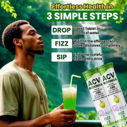 ACV Moringa Effervescent Tablets 500mg Apple Cider Vinegar with Moringa No Added Sugar for Gut Health Weight Loss Green Apple Flavor Pack of 4 (15 Tablets Each)
