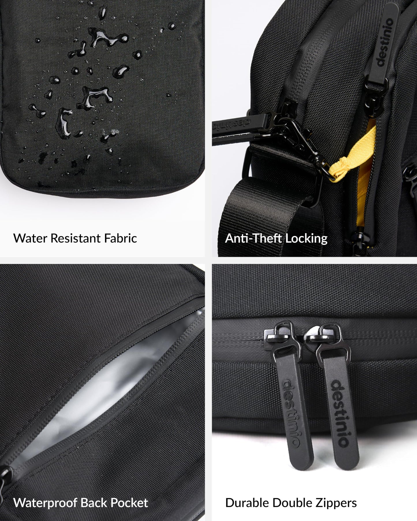 Destinio Padded Sling Bag for Men & Women | Lightweight Side Shoulder Bag | Crossbody Carry for Travel & Daily Use | Mobile Passport Cash Storage | Water Resistant Zipper | Anti Theft Lock (Black)