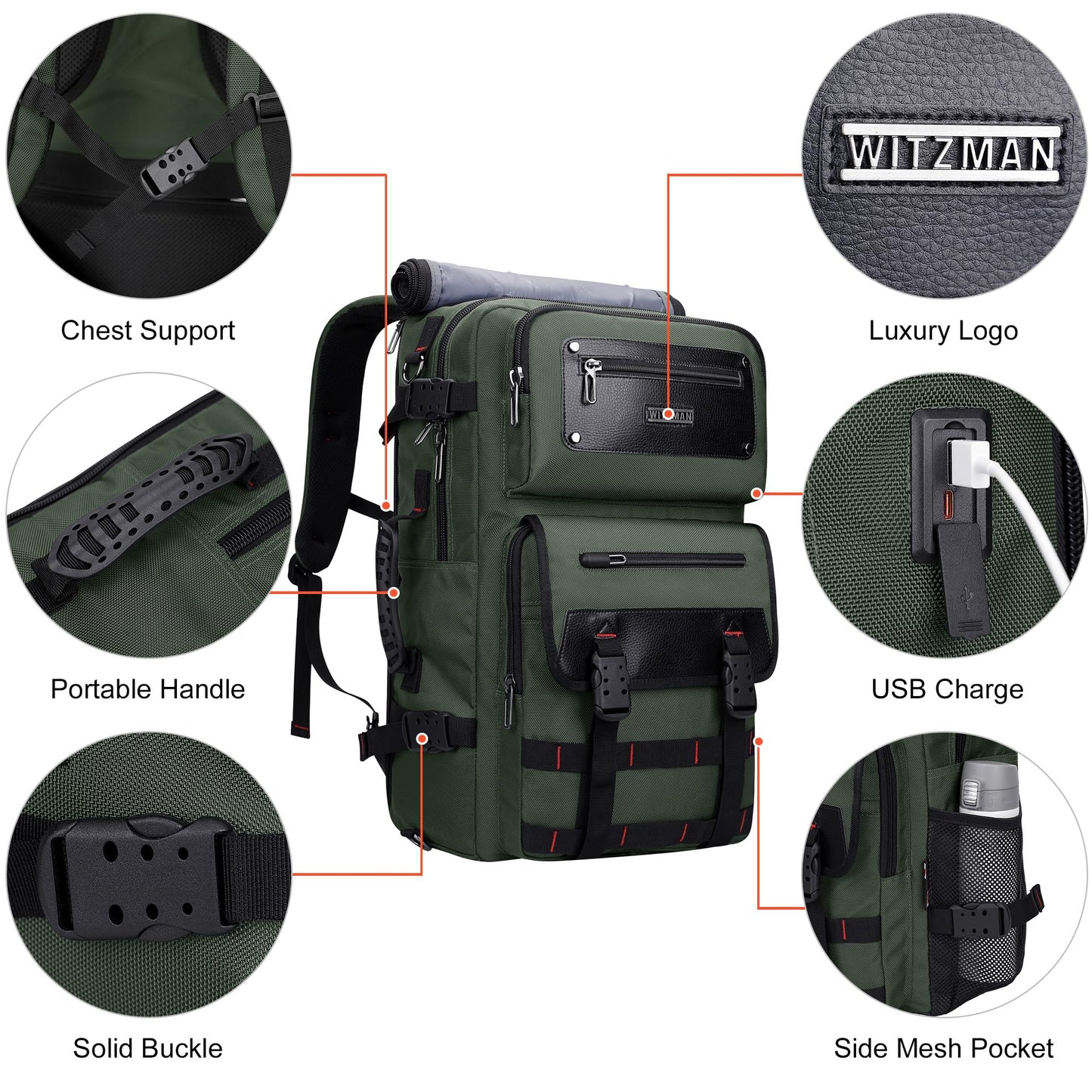 WITZMAN Carry On Travel Backpack for Men Fit 17 Inch Laptop Airline Approved 3 in 1 Laptop Backpack(B685 Army Green)