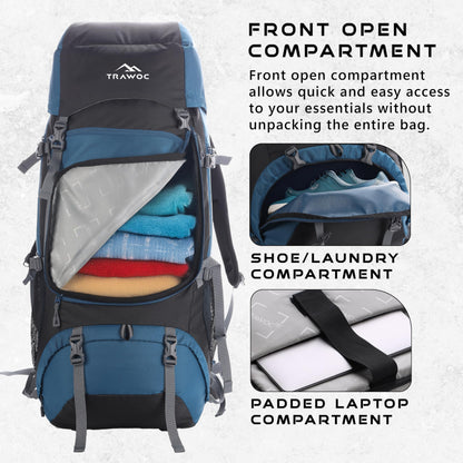 TRAWOC SPARCO 65L Travel Backpack Hiking Trekking Bag Camping Rucksack for Men & Women, Rain Cover/Shoe Compartment HK009 English Blue, 3 Year Warranty
