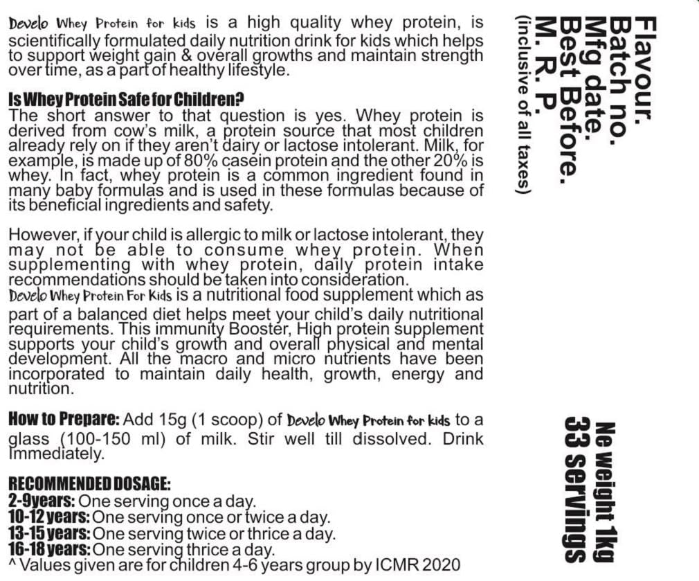 Develo Whey Protein Powder for Little Kids (2-12 years) & Teenager Children, Boys & Girls - 1kg Chocolate Flavour