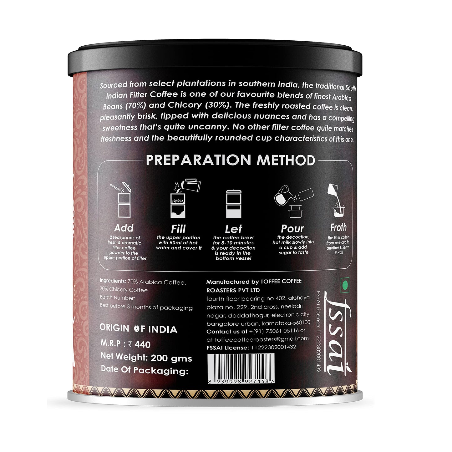 Toffee Coffee Roasters | Pack of 1 (200g) South Indian Filter Coffee| As Seen On Shark Tank | Specialty Blend| Traditional Dark Roast Signature Filter Freshly Roasted Grounded Coffee