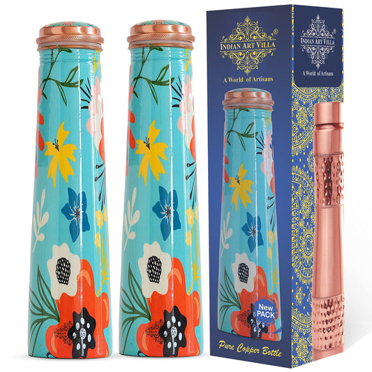 Indian Art Villa Copper Tube Slim Bottle in Turquoise Comic/Cartoonish Floral Print, Volume - 750 ML, Pack of 2