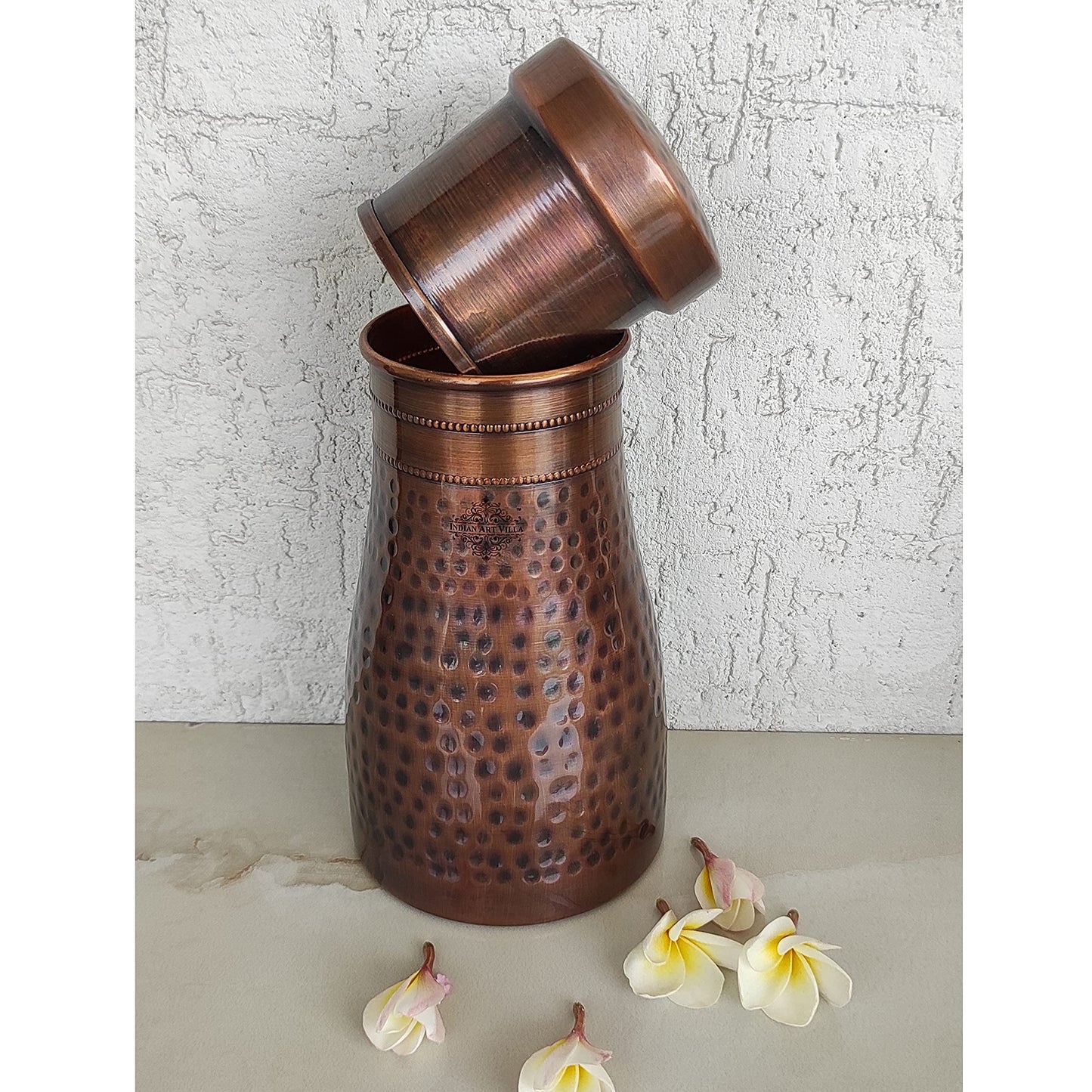 INDIAN ART VILLA Pure Copper Bedroom Water Bottle with Inbuilt Glass, Hammered Antique Design - Drinkware & Storage Purpose, Volume 1100 ml (Pack of 1)