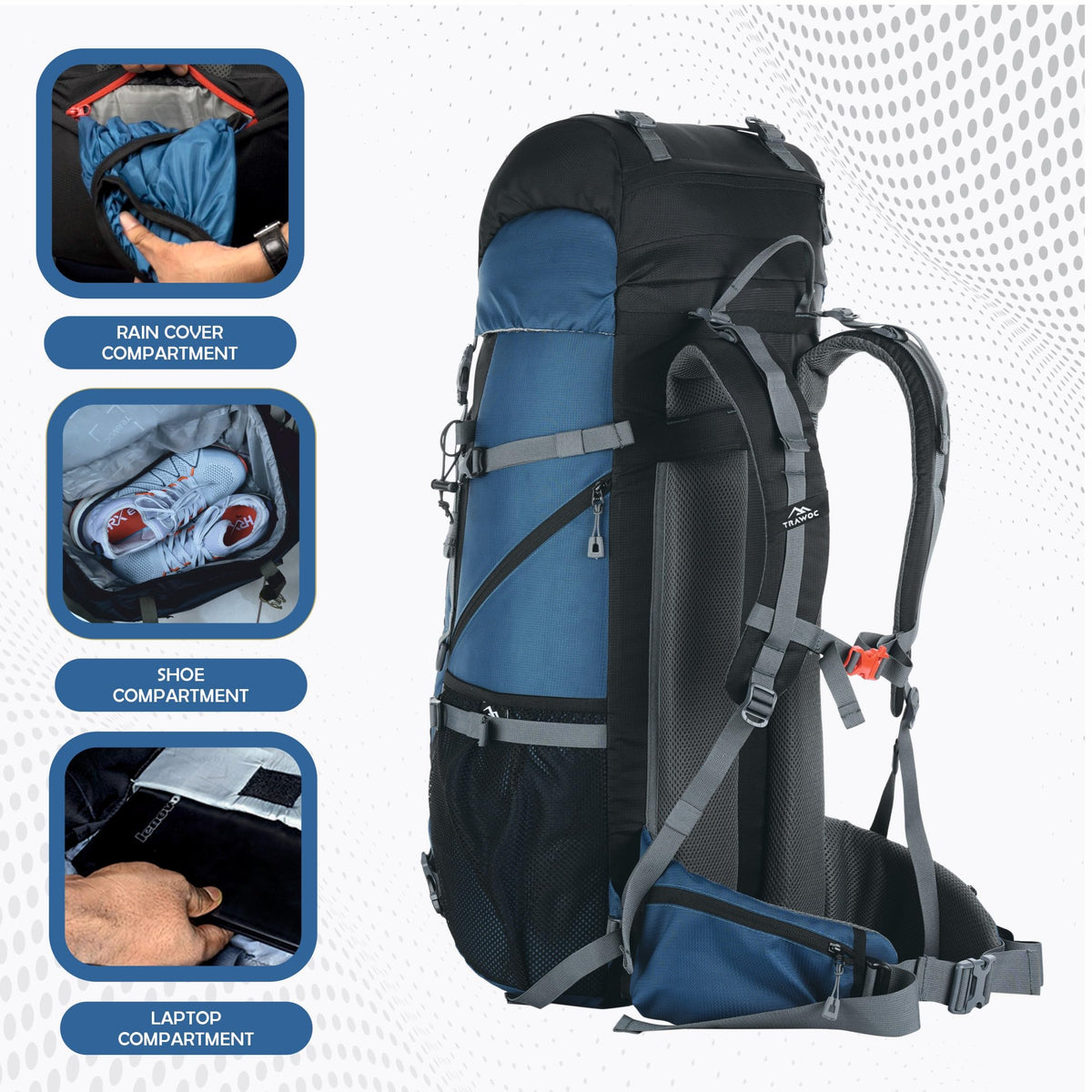TRAWOC VENTURE PRO 65 Liter Internal Frame Camping Trekking Hiking Backpack Travel Bag for Men & Women Front & Top Loading Rucksack/Water Proof Rain Cover/Shoe Compartment, HK011 English Blue