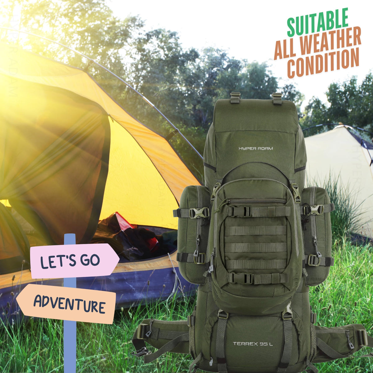 Hyper Adam 95 Ltr Rucksack With Detachable Hiking Backpack & Rain Cover for Trekking & Travelling | Mountain Bags For Men & Women| Backpack Military Grade Made With 3 Year Warranty (Military Green)