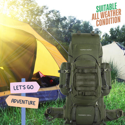 Hyper Adam 95 Ltr Rucksack With Detachable Hiking Backpack & Rain Cover for Trekking & Travelling | Mountain Bags For Men & Women| Backpack Military Grade Made With 3 Year Warranty (Military Green)
