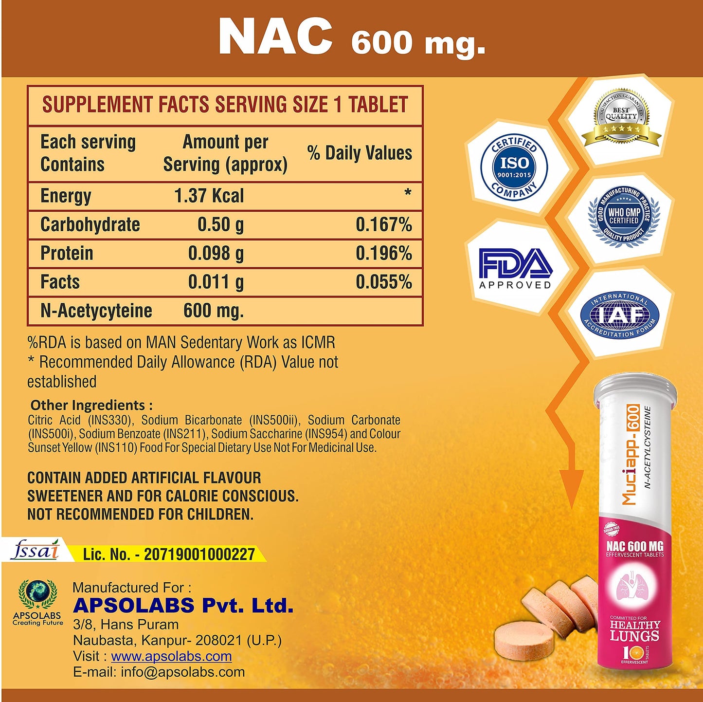 Muciapp-600 NAC & Vitamin C - 10 Tablets (Pack Of 1) |N-Acetylcysteine - 600mg | Men & Women | Powerful Antioxidant & Lung Detox Support | Immune Booster for Respiratory Health, Liver Cleanse