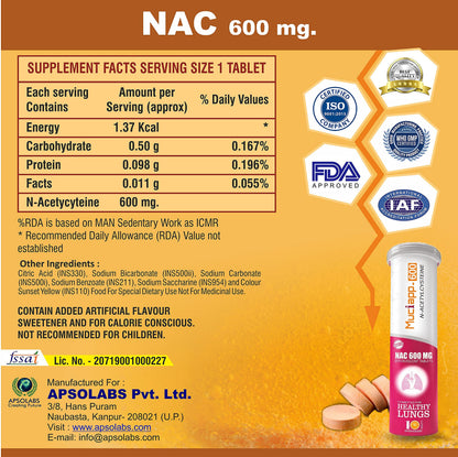 Muciapp-600 NAC & Vitamin C - 10 Tablets (Pack Of 1) |N-Acetylcysteine - 600mg | Men & Women | Powerful Antioxidant & Lung Detox Support | Immune Booster for Respiratory Health, Liver Cleanse