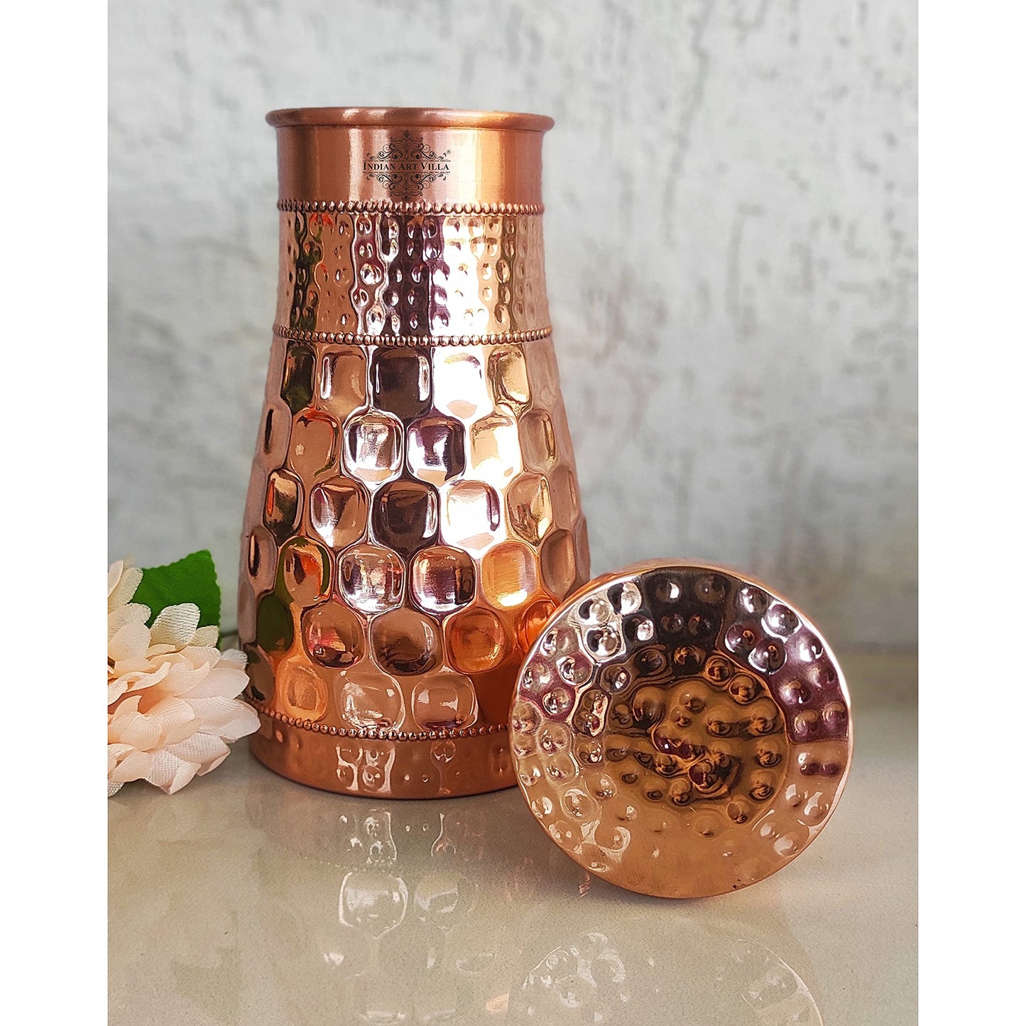 INDIAN ART VILLA Pure Copper Bedroom Water Bottle With Inbuilt Glass & Diamond Hammered Design, Drinkware, Storage Purpose, Volume-850 ml