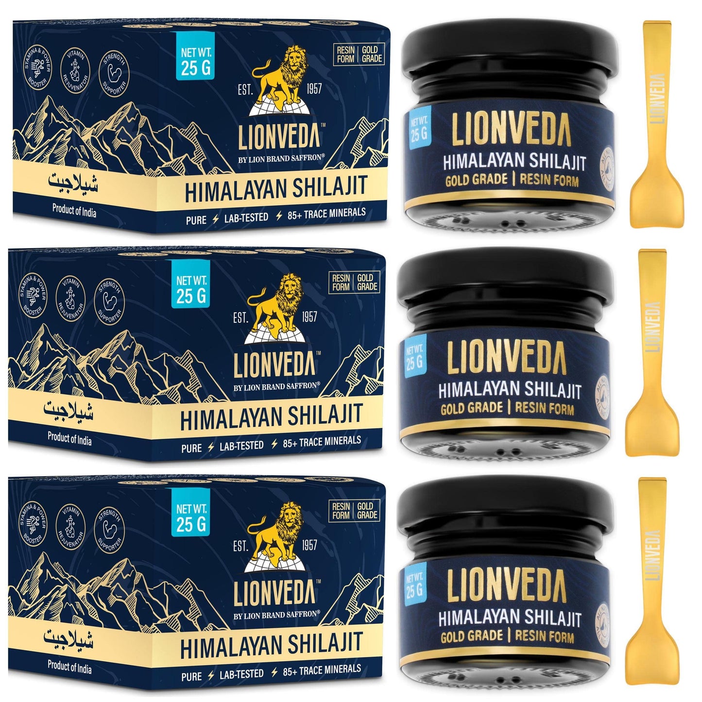 LIONVEDA 75g Original Himalayan Shilajit Resin(Certified Gold Grade) for Men, Gym, Stamina, Energy & Improved Health | 100% Pure Shilajit Liquid (3 X 25g = 75gm (Pack of 3))