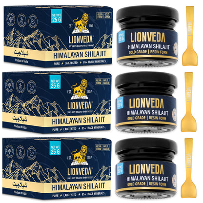 LIONVEDA 75g Original Himalayan Shilajit Resin(Certified Gold Grade) for Men, Gym, Stamina, Energy & Improved Health | 100% Pure Shilajit Liquid (3 X 25g = 75gm (Pack of 3))