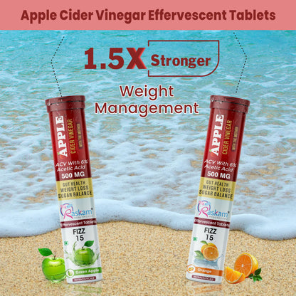 Raskam ACV Apple Cider Vinegar 15 Effervescent Tablets | Helps in Weight Management, Digestion & Sugar Balance Orange Flavour 100% Vegan | 500mg (Pack of 2)