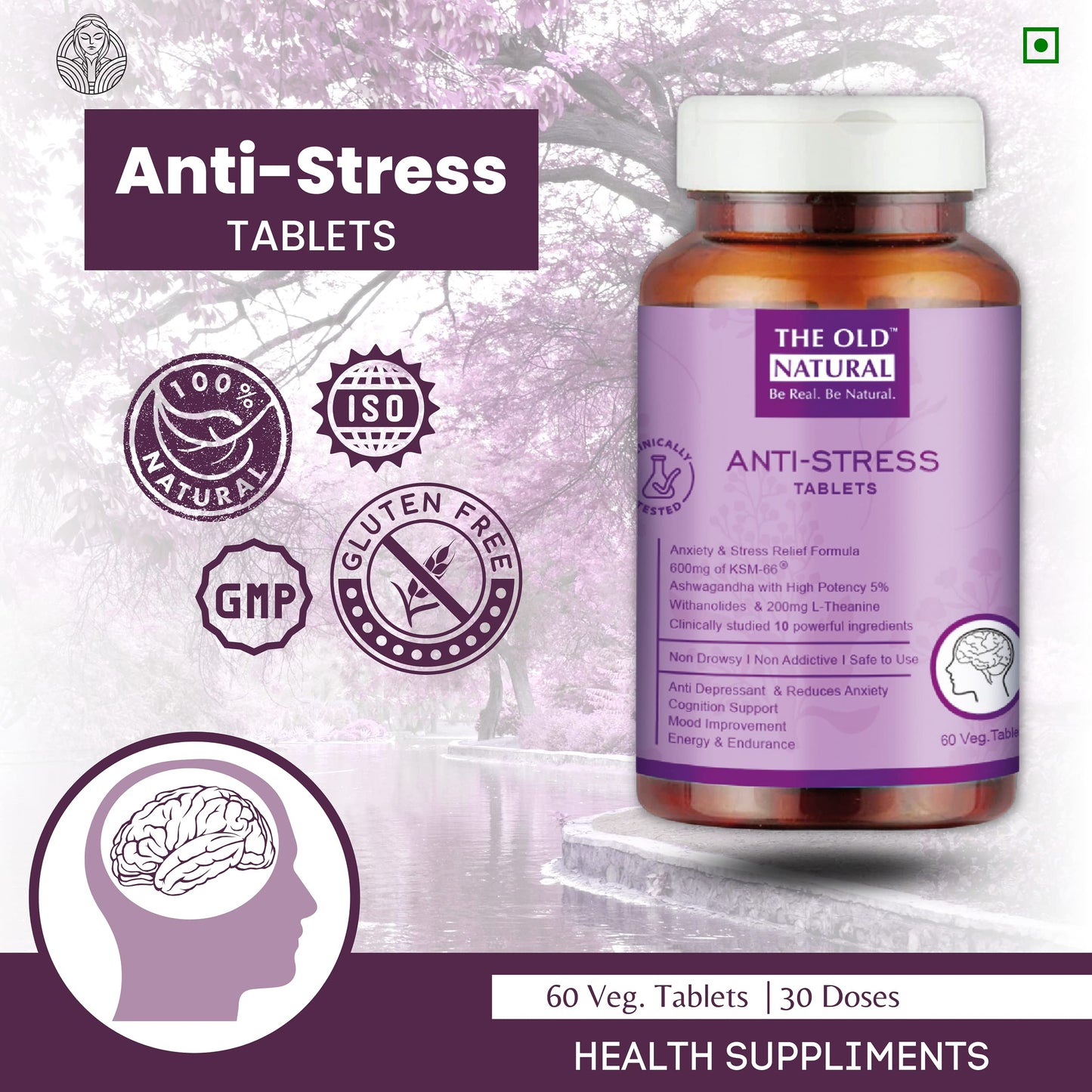 The Old Natural Anti Stress Tablets - Ashwagandha Ksm 66 Extract, L-Theanine, Brahmi, Chamomile Combination For Relieving Stress, – 60 Veg. Capsules (Pack of 1) (Pack of 1)