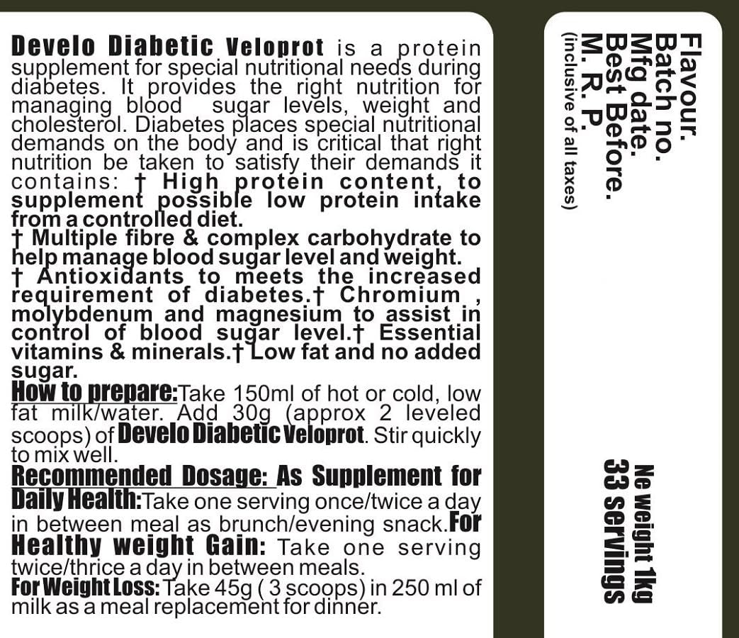 Develo Diabetic Protein Powder Sugar Free Food Supplement For Diabetes Care VeloProt Powder Men & Women Chocolate 1kg