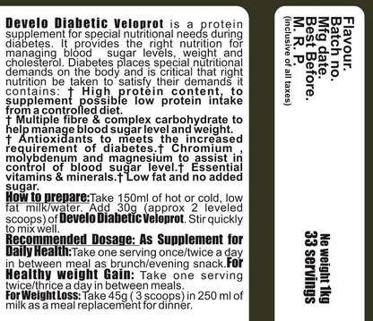 Develo Diabetic Protein Powder Sugar Free Food Supplement For Diabetes Care VeloProt Powder Men & Women Chocolate 1kg