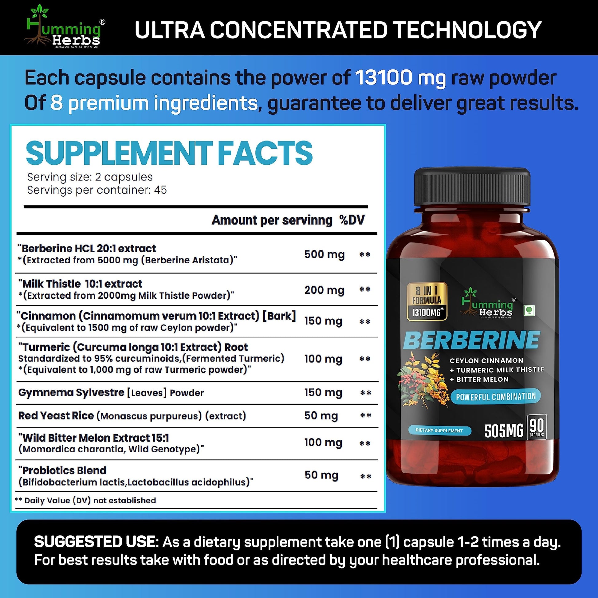 Humming Herbs Berberine | 8in1 | 90 Caps | 13100mg | with Bitter Melon- image 10