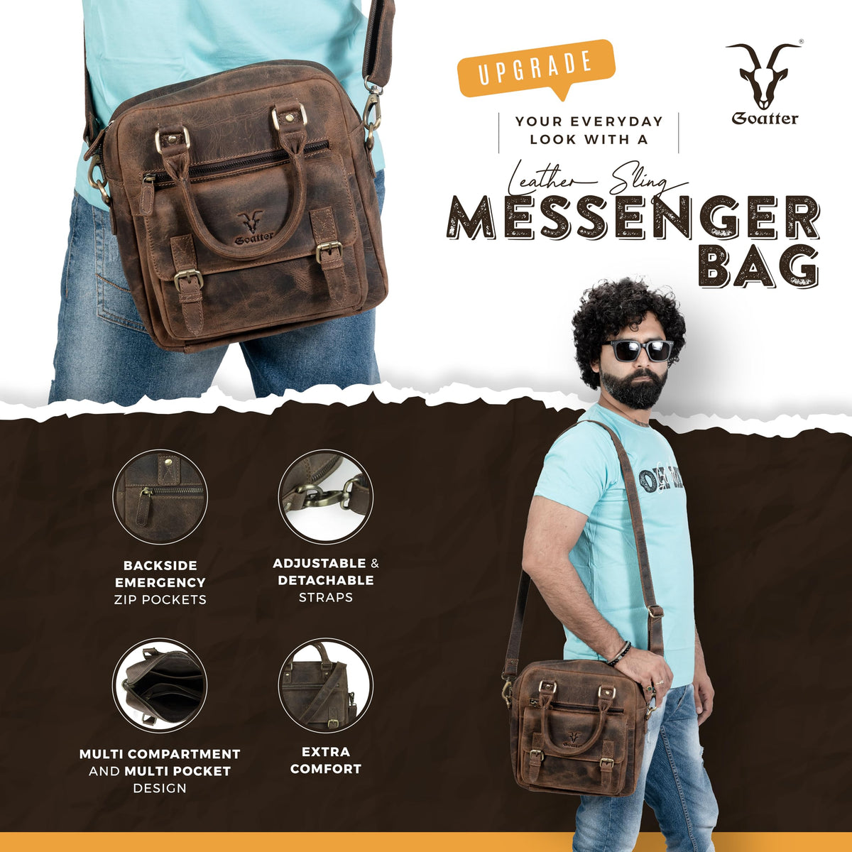 Goatter Men Hunter Leather 12" Inch Shoulder Crossbody Travel Messenger Sling Bags, Grey