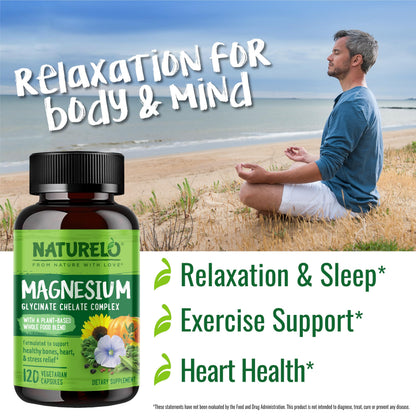 Naturelo Magnesium Glycinate Supplement 200 mg 120 Vegetarian Capsules