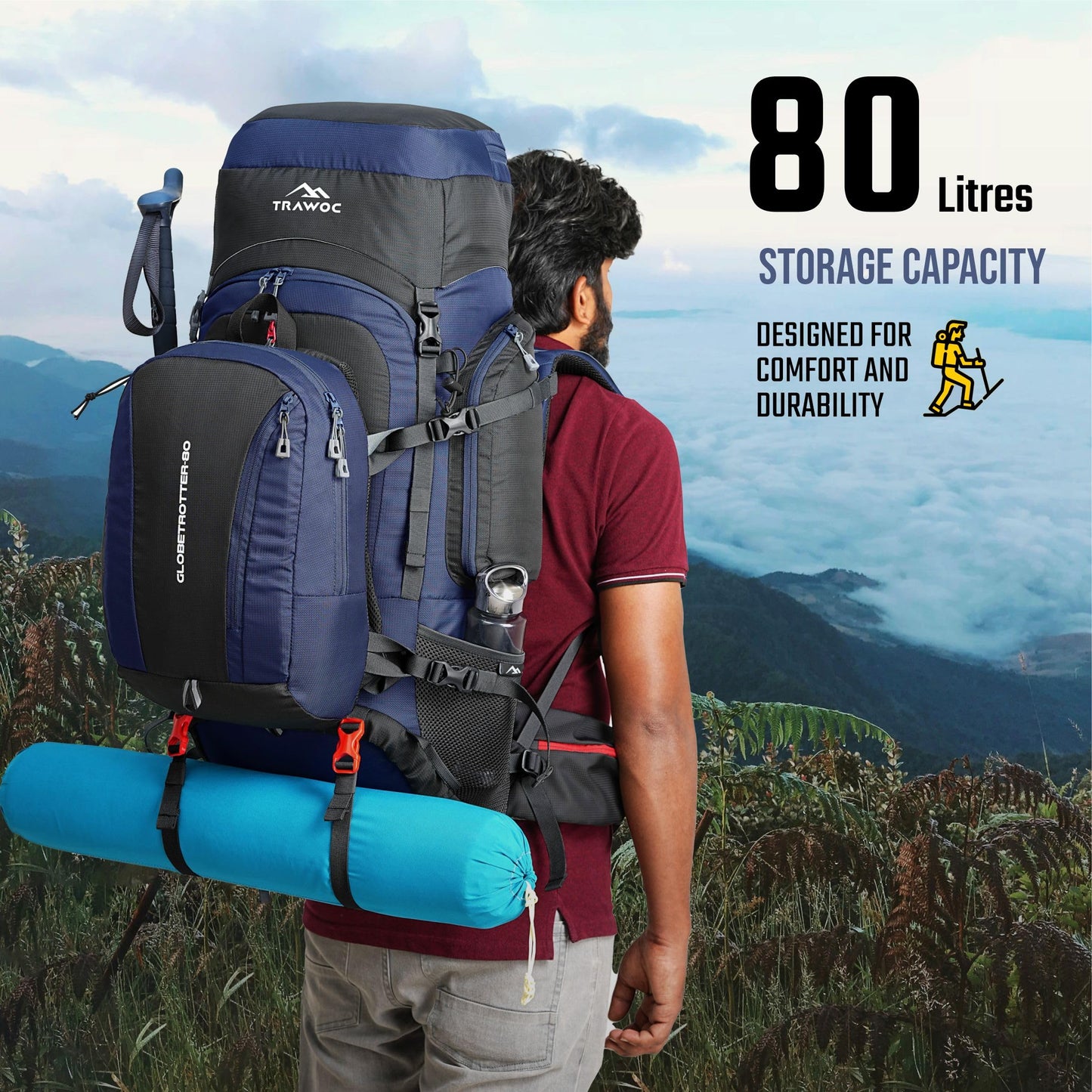 TRAWOC GLOBETROTTER 80 Liter (70+10) Internal Metal & Fiber Frame Rucksack Bag for Men & Women Trekking, Hiking Travel Backpack with Detachable Daypack, Rain Cover and Shoe Compartment, Navy Blue