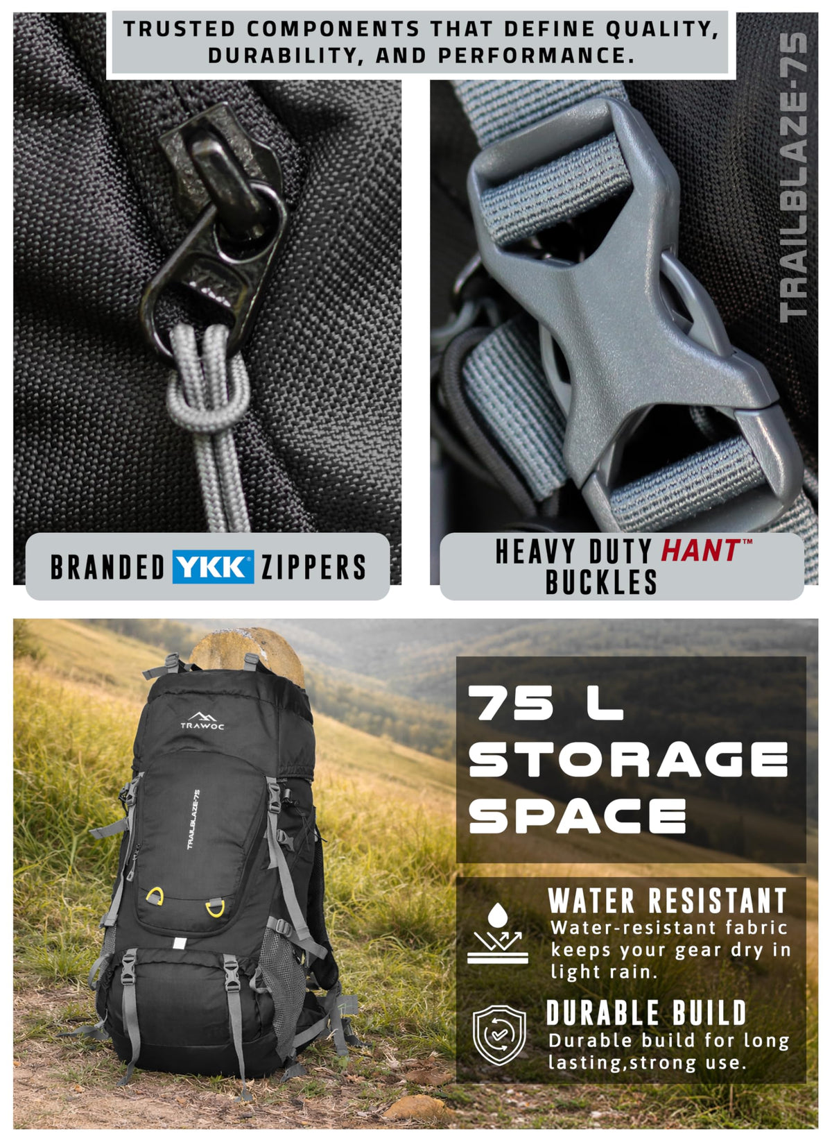 TRAWOC TRAILBLAZE 75 Liter Rucksack bag for Men & Women, Travel Backpack Camping Hiking Trekking Bag Rain Cover/Shoe Compartment, Black, 3 Year Warranty