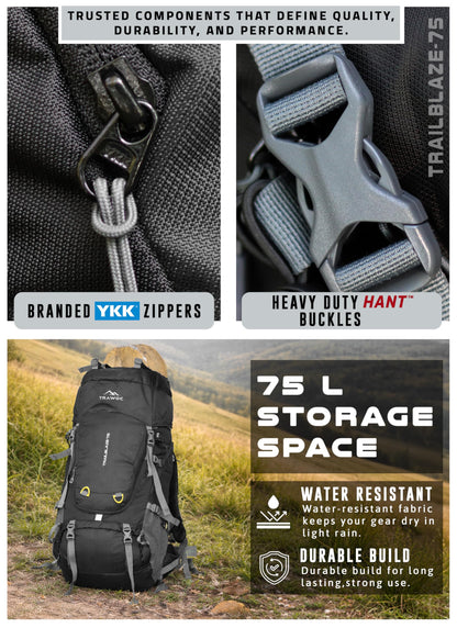 TRAWOC TRAILBLAZE 75 Liter Rucksack bag for Men & Women, Travel Backpack Camping Hiking Trekking Bag Rain Cover/Shoe Compartment, Black, 3 Year Warranty