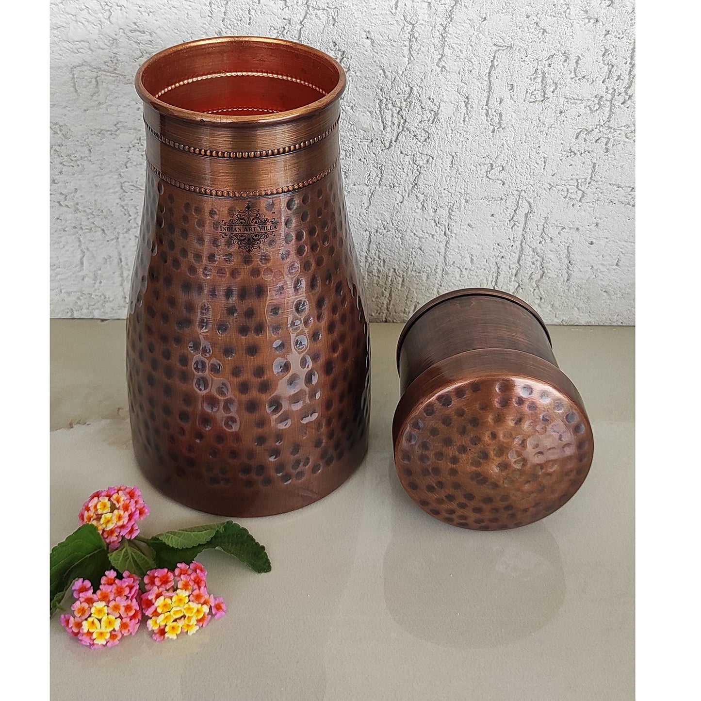 INDIAN ART VILLA Pure Copper Bedroom Water Bottle with Inbuilt Glass, Hammered Antique Design - Drinkware & Storage Purpose, Volume 1100 ml (Pack of 1)