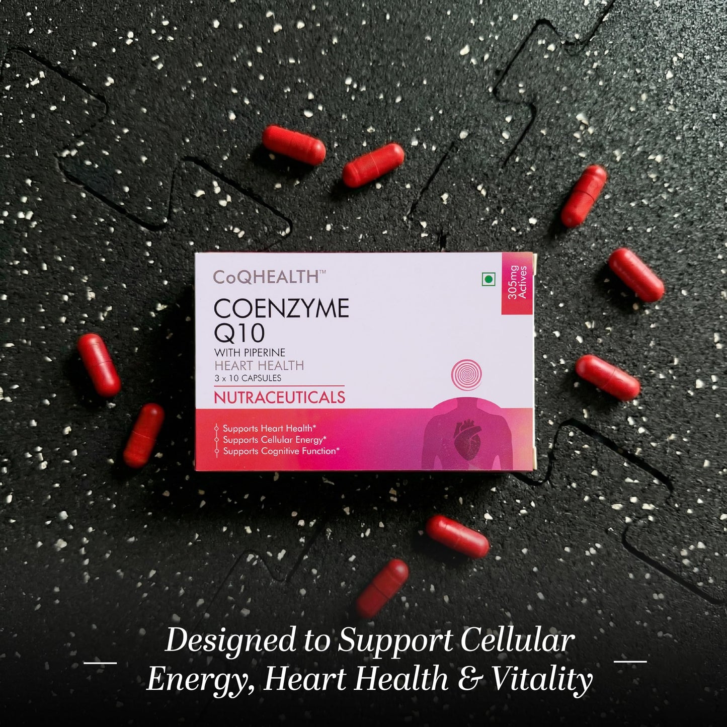 CoQHEALTH 300 mg | Coenzyme Q10 (Ubiquinone) + Piperine Supplement | Supports Cellular Energy, Heart Health & Cognitive Wellness | 30 Capsules | Vegetarian | Excelgenics